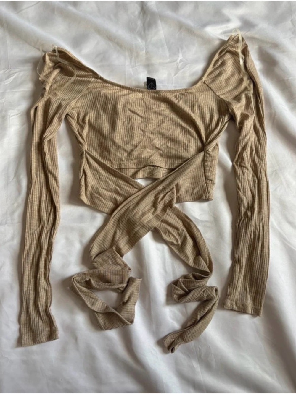 Lulu's Ribbed Wrap-Front Long Sleeve Crop Top - Beige/Tan